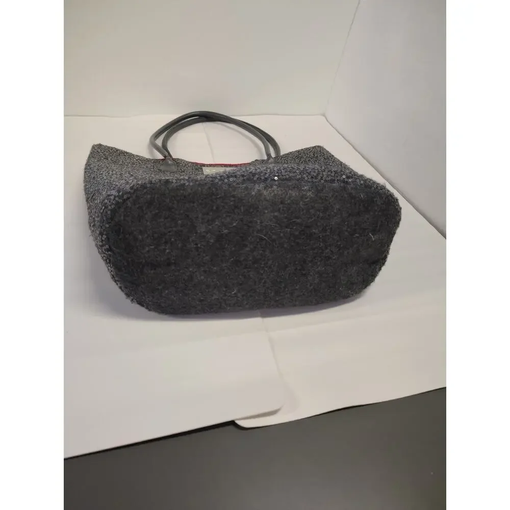Chico's Womens Tote Bag Silver Metallic Dual Handle Pocket Sequin Large Felted